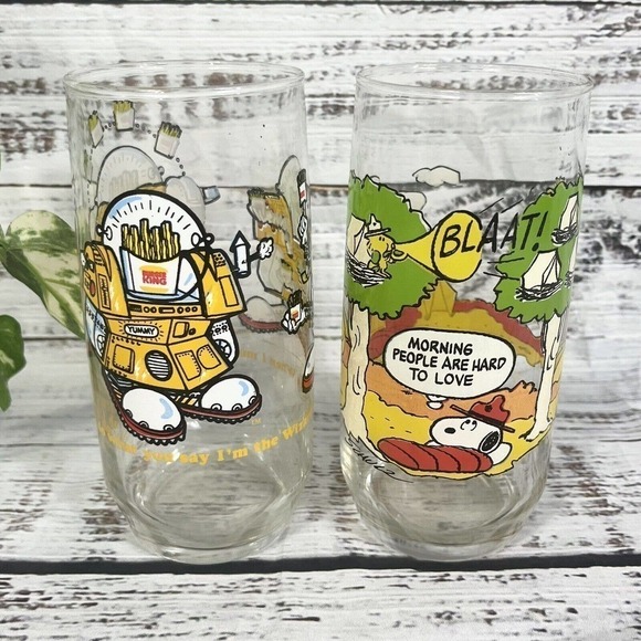 Vintage Peanuts McDonald’s Burger King Camp Snoopy Wizard Fries Glasses Set of 2 - Picture 1 of 11